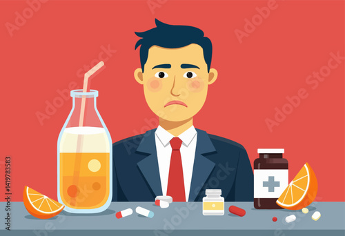 Sick Man with Orange Juice and Medicine on Red Background