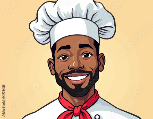 Smiling African American chef with toque and red necktie