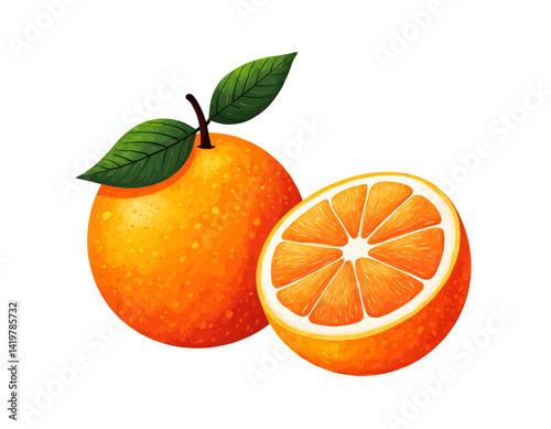 Vibrant orange fruit with leaves and halved slice on white