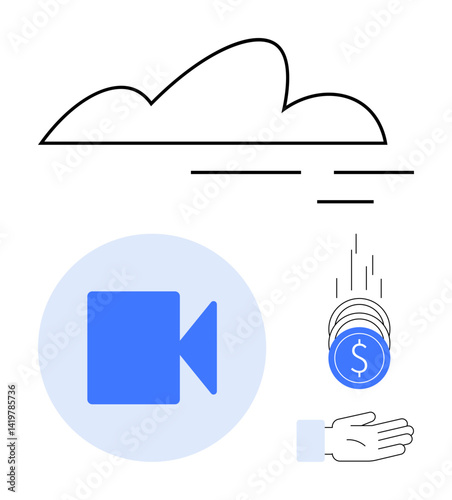 Cloud, streaming icon, coins falling into hand. Ideal for cloud computing, video monetization, data storage, content creation, digital tools, online service simple landing page