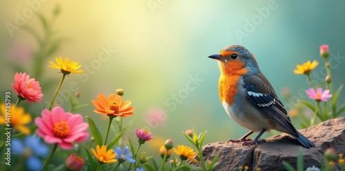 Floral bird perched amidst blooming wildflowers, picture, colorful, wildflowers