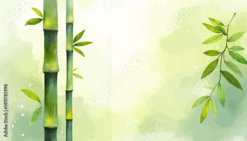 Watercolor Bamboo Stalks and Leaves on Green Background