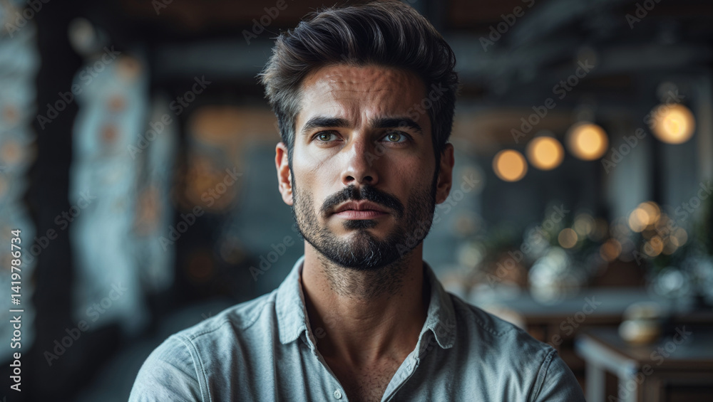 Obraz premium Thoughtful Handsome Man Portrait With Beard And Modern Hairstyle Indoor Ambience