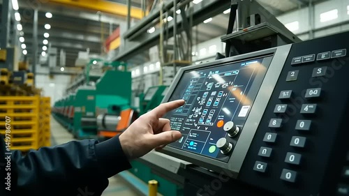 Operator adjusting machinery controls in a modern factory with equipment and production line visible