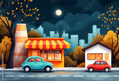 Whimsical Townscape: Cars, Shop, and City at Night