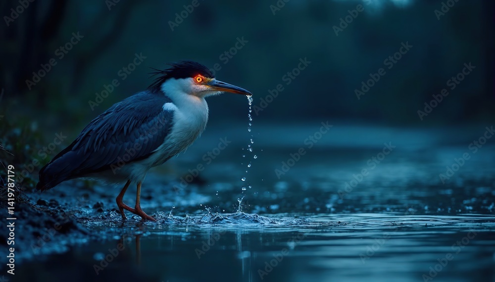 Fototapeta premium Black-Crowned Night Heron Hunting in Urban Wetlands with Red Eyes and Illuminated Plumage Under Moonlight