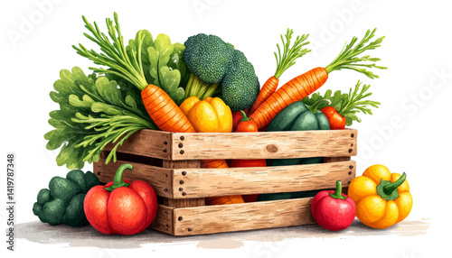 Wooden crate overflowing with fresh vegetables