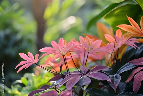 Vibrant Red And Green Plant Leaves Illuminated By Sunlight In A Garden Setting