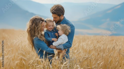 Family Embracing in Wheat Field with Mountain View. Video of a joyful family hugging in a golden wheat field, with serene mountains in the background, capturing a moment of togetherness.
