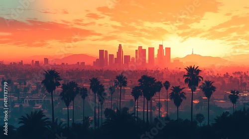 Flat minimalist aerial view of Los Angeles, layered buildings in light silhouette, Hollywood hills in background, abstract palm trees, desert tones and soft pastels for sky, geometric layout,