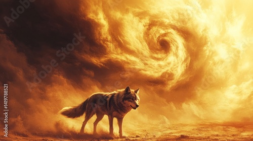 Wolf in Fiery Desert Sunset with Swirling Clouds