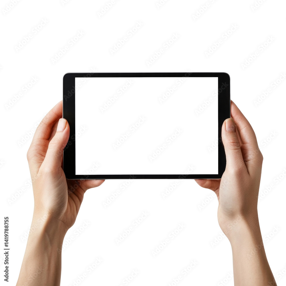 A person is holding a tablet with a white screen A person is holding a tablet with a white screen