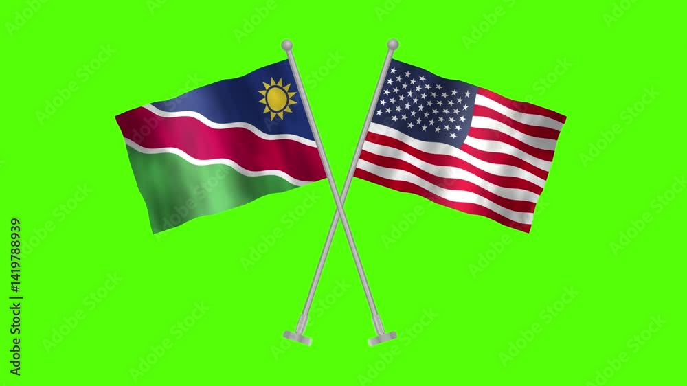 Flag of Namibia and USA, Cross table flag of Namibia and USA on Green screen chroma key, Namibia and USA 3D Animation flag waving in the wind isolated on Green Background. 
