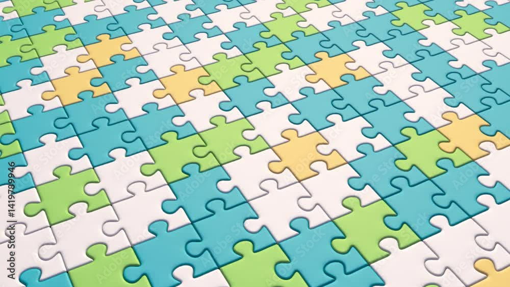 3D jigsaw puzzle transition effect, dynamically assembling puzzle pieces of different colors. Abstract background Puzzle completed with alpha channel