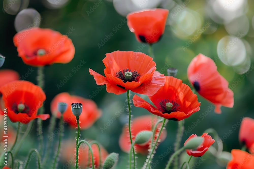 Obraz premium Vibrant Red Poppies Blooming In Field With Green Soft Background
