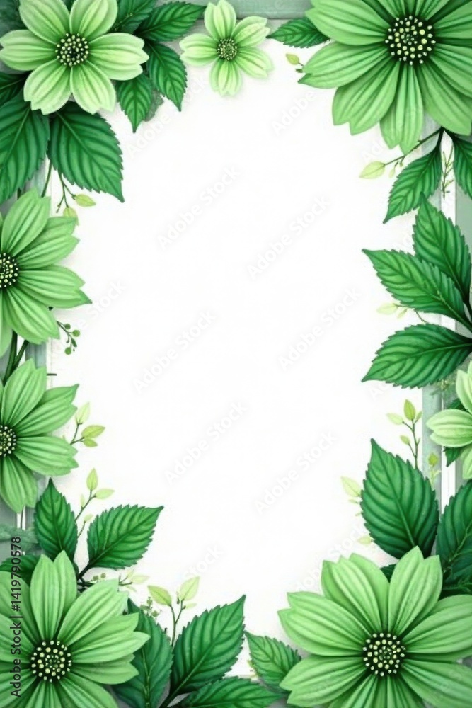 Fototapeta premium Large green & white floral backdrop, white border, pretty, decor