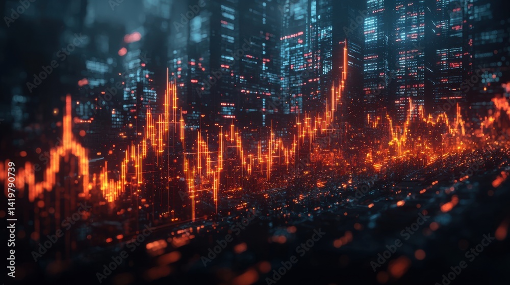 Abstract Digital Cityscape with Data Visualization and Rising Graph Abstract Digital Cityscape with Data Visualization and Rising Graph