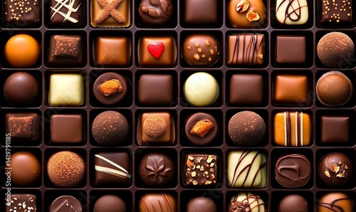 Different chocolate sweets rows in a box. Delicious milk choco sugar dessert treats. Close up gourmet candy decorated caramel assortment present praline gift photo 