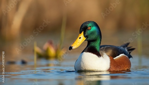 Northern Shoveler Duck Macro in Marshland with Oversized Bill and Metallic Green Head

