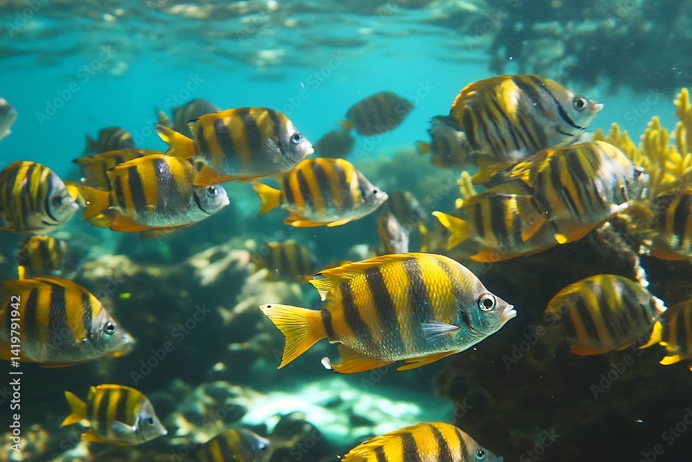 Fototapeta premium Vibrant School Of Yellow And Black Striped Fish Swimming Near Coral Reef