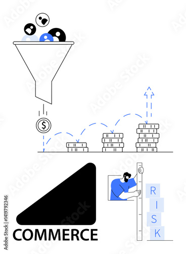Funnel filtering users into revenue, growing stacks of coins, risk management blocks, and commerce label. Ideal for marketing, finance, strategy, analytics, decision-making business growth simple