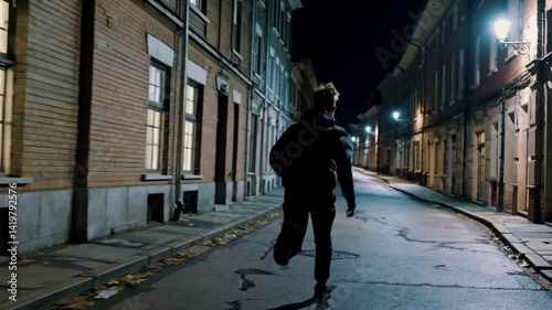 Silhouette lone man runs quickly down narrow dark cobblestone alleyway between old buildings night dim streetlights create mysterious atmosphere urban escape pursuit danger loneliness shadow speed