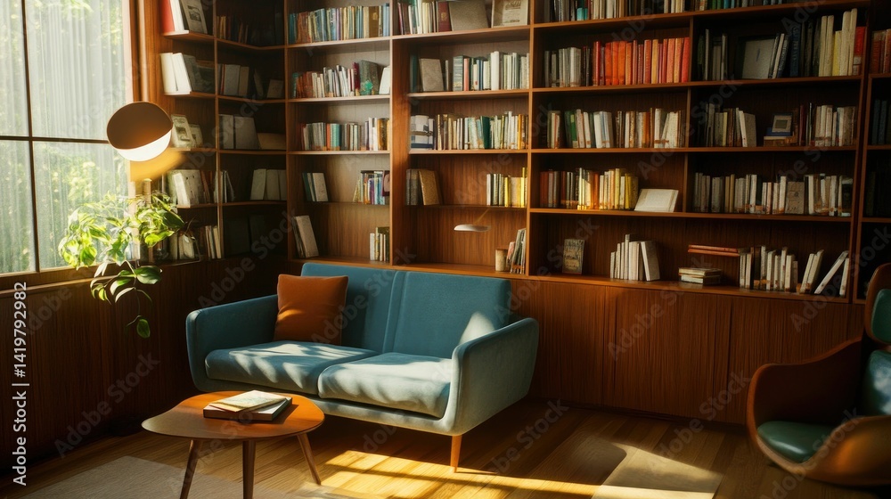 Sunlit room, teal couch, wooden bookcase, many books. Sunlit room, teal couch, wooden bookcase, many books.