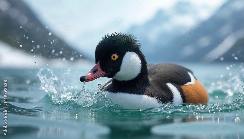 Fototapeta premium Hyper-detailed closeup of a male Common Goldeneye diving in an alpine lake, emerald head glistening, vivid yellow eyes and bold white cheek patch framed by frozen water spray and mountain reflections