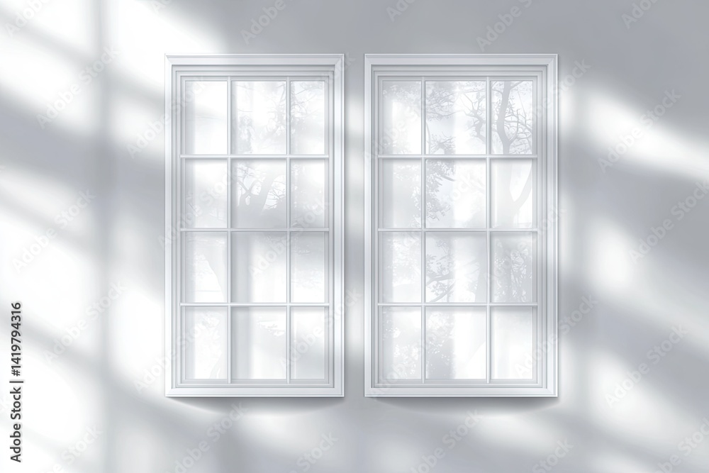 Two white windows on a light wall, dappled light and shadows Two white windows on a light wall, dappled light and shadows