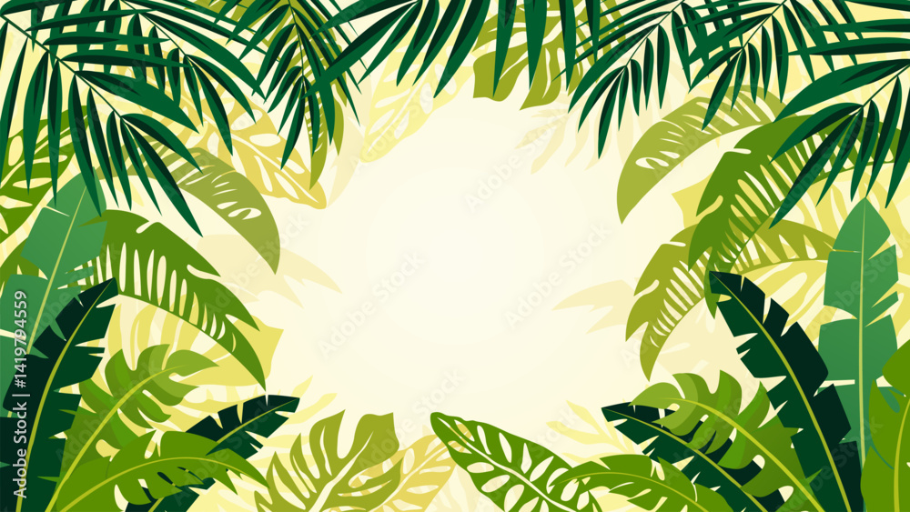 Tropical leaves frame with space for text. Border with palm branches, leaves. Vector illustration of tropical leaves for design. Paradise jungle.