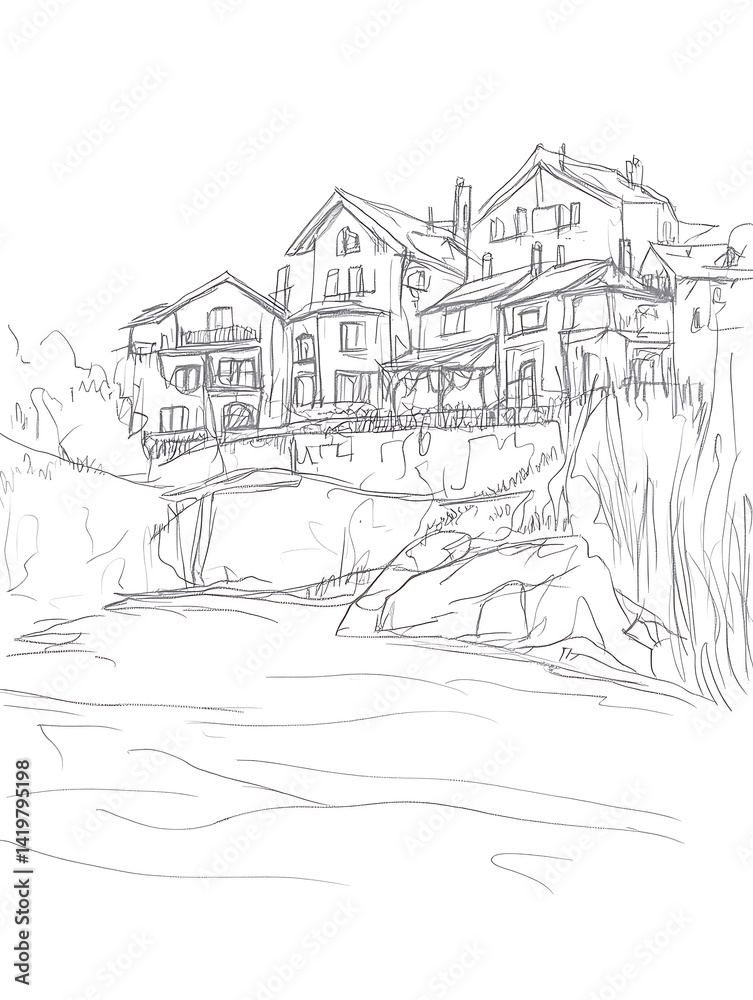 Fototapeta premium Coastal village sketch: Houses perch on cliffs above water rendered in delicate lines with simplified architectural details.