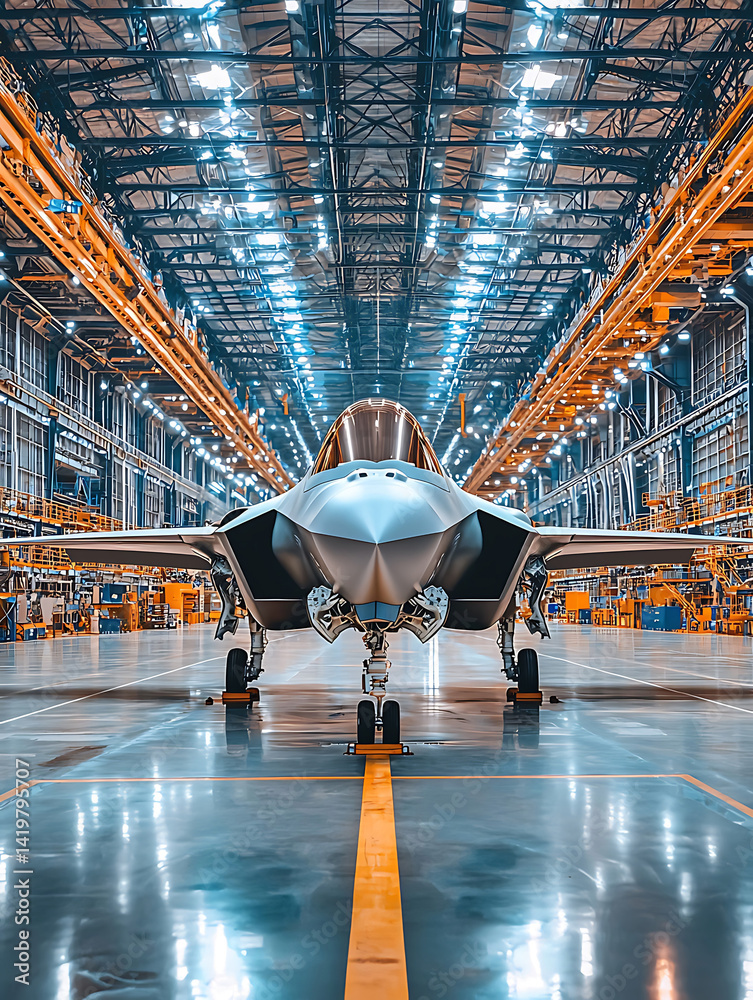 A sleek fighter jet sits in a vast hangar centered on the runway with glowing lights overhead.
