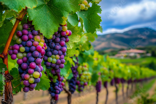Wallpaper Mural The picturesque landscape features vibrant bunches of grapes hanging on vines, rolling vineyards, a charming countryside home, and majestic mountains in the background. Torontodigital.ca