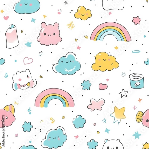 Whimsical, pastel-colored pattern of cute clouds, stars, and rainbows.
