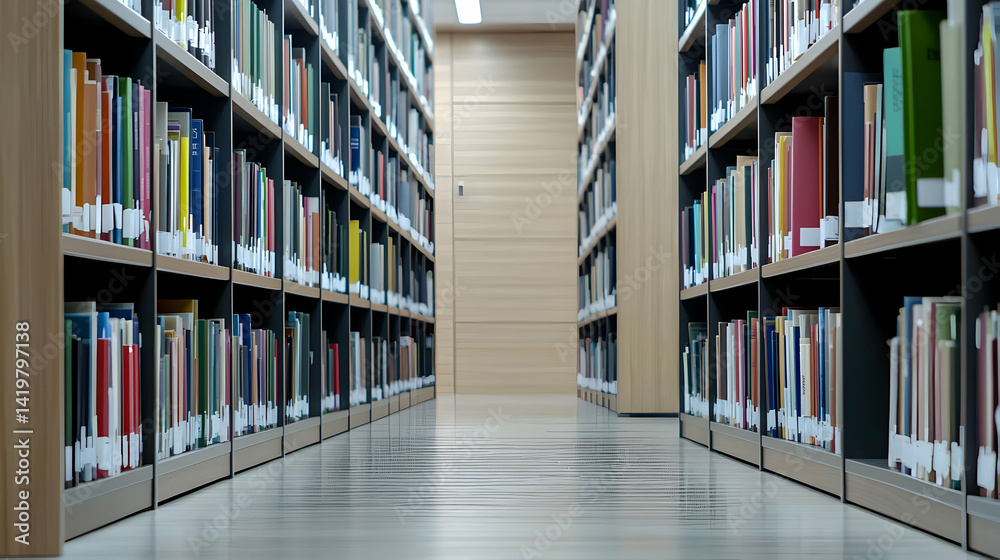 Wet Floor In Library Corridor With Bookshelves Wet Floor In Library Corridor With Bookshelves