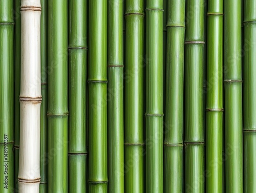 Green Bamboo Stalks with One White Bamboo in a Natural Setting
