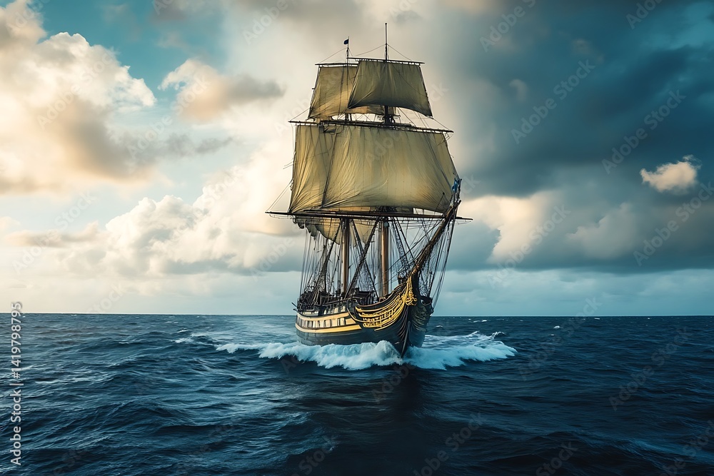 Obraz premium Vintage Sailing Ship On Open Ocean Under Cloudy Blue Sky