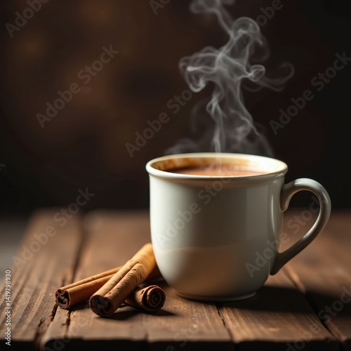 Steam rises from a mug of hot chocolate with cinnamon sticks on rustic wood , brown, wooden table, wood