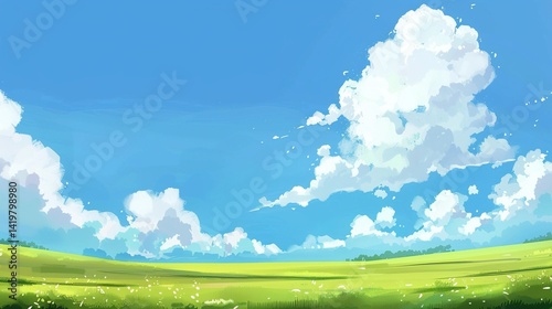 Grassland and White Clouds Natural Background: A Serene Tapestry of Earth and Sky