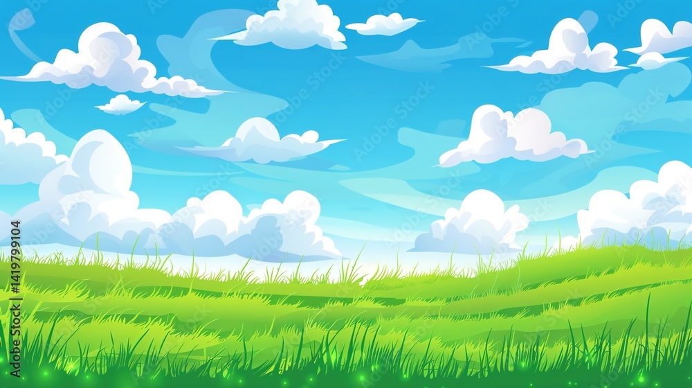 Obraz premium Grassland and White Clouds Natural Background: A Serene Tapestry of Earth and Sky