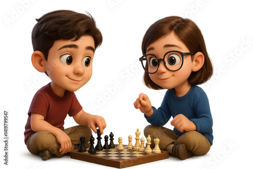 Kids playing chess and enjoying the game indoors  