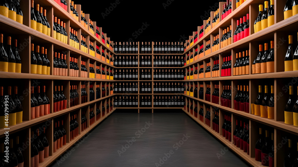 Wine Bottles On Wooden Shelves In Dark Wine Store Wine Bottles On Wooden Shelves In Dark Wine Store
