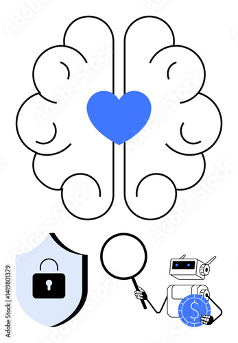 Brain with heart symbol, shield with lock, robot holding magnifying glass and coin. Ideal for AI ethics, security, analysis, finance, trust innovation and decision-making. Flat simple metaphor