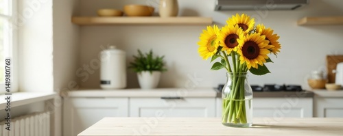 Tall sunflowers in glass vase, white wood kitchen table , arrangement, natural