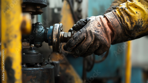 Petroleum worker performing routine maintenance on offshore machinery. Featuring machinery upkeep