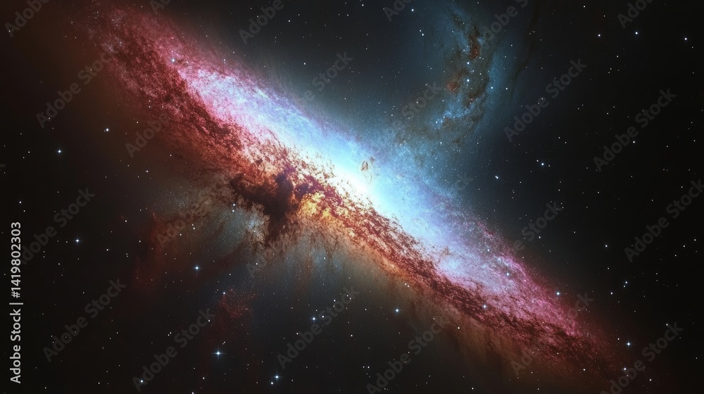 Obraz premium Colorful cosmic galaxy illustration with bright stars, glowing nebula, and deep space background. Abstract universe concept showing stellar energy, space mystery, and celestial beauty in the night sky