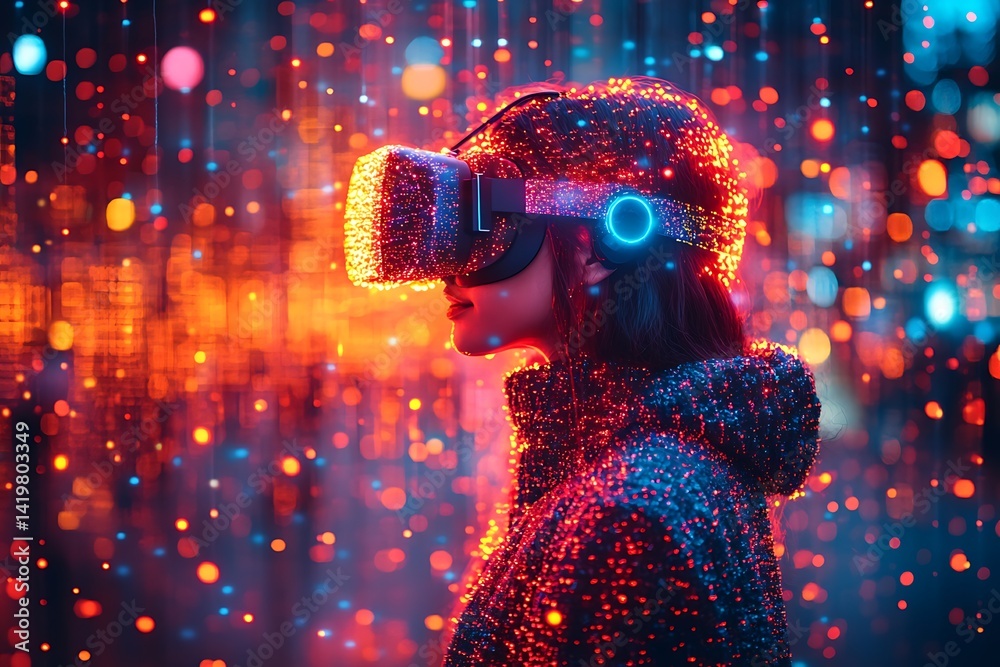 Woman Experiencing Immersive Virtual Reality in a Glowing Colorful Digital Space Woman Experiencing Immersive Virtual Reality in a Glowing Colorful Digital Space