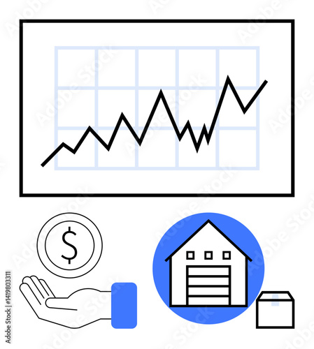 Line chart showing sharp growth, hand holding money sign, warehouse icon, and a storage box. Ideal for finance, investment, logistics, warehouse management, business growth e-commerce simple