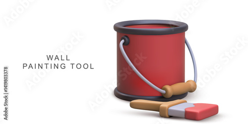 Painting Tools With Red Paint Bucket And Brush In 3D Cartoon Style, Ideal For Home Renovation, DIY, And Wall Decoration Projects, Colorful Creative Vector Illustration.