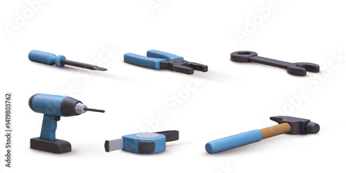 Construction Tools 3D Icons, Power Drill, Hammer, Screwdriver, Pliers, Wrench, Measuring Tape, Handyman Repair Equipment, DIY Home Improvement Kit, Isolated On White Background, Vector Illustration.